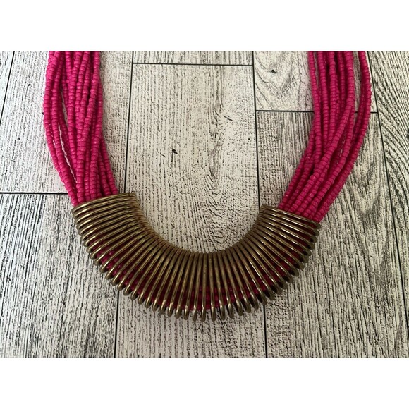 Charming Charlie Hot Pink Bronze Tone Seed Bead Layered Necklace Earrings Set - Picture 2 of 6